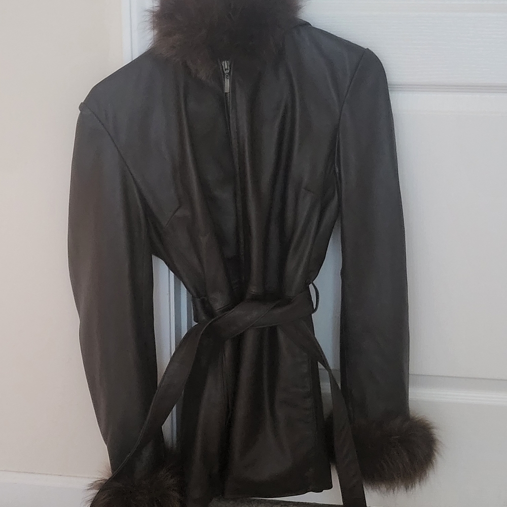 Chocolate Brown Leather Belted Coat with Fur Trim